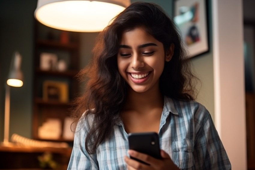 A photo of a happy Indian girl in her living room texting on her smartphone A photo of a happy Indian girl in her living room texting on her smartphone