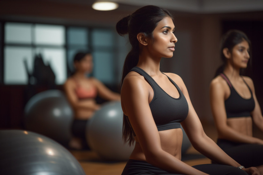 A picture of a young Indian woman working out her stomach muscles in a yoga studio