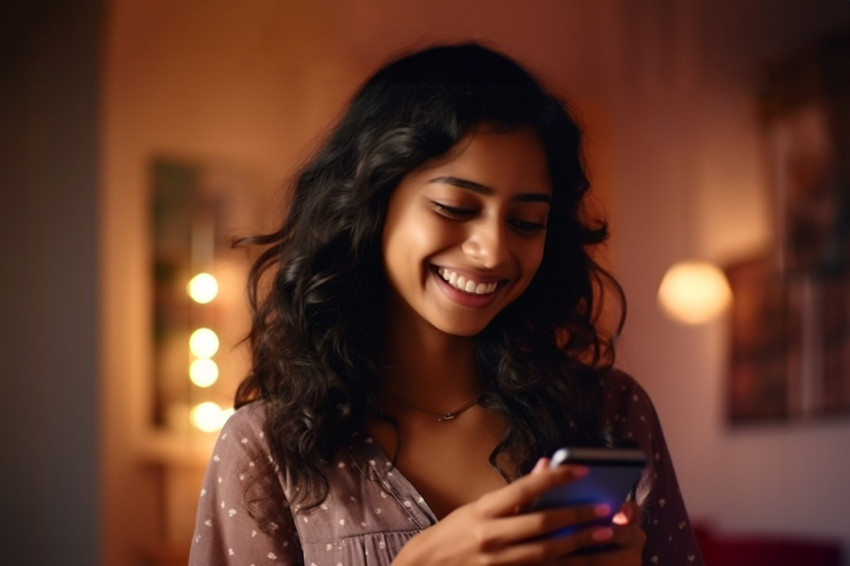 A photo of a happy Indian girl in her living room texting on her smartphone A photo of a happy Indian girl in her living room texting on her smartphone