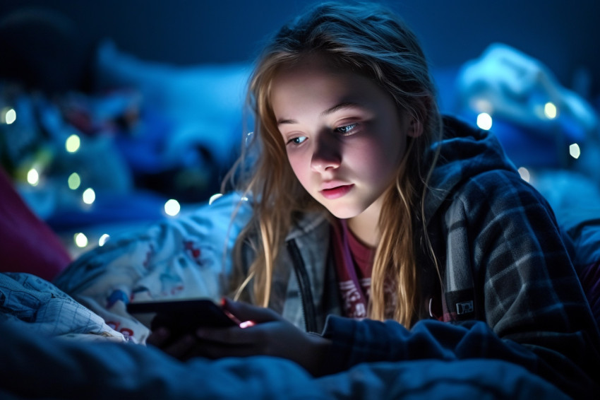 Picture of a teenage girl on her bed at night using her phone Picture of a teenage girl on her bed at night using her phone