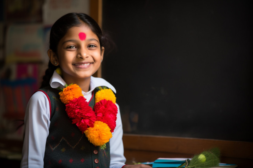 Picture of a happy Indian girl in primary school holding chalk and writing on a blackboard