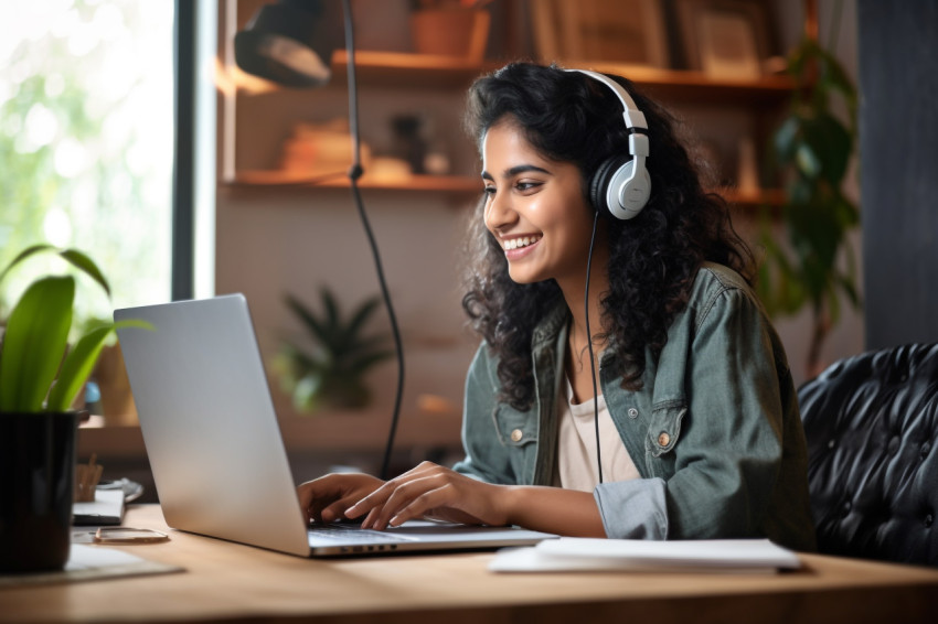 Photo of a smiling young Indian woman at her desk in the living room using her laptop to browse the internet and work on her computer Photo of a smiling young Indian woman at her desk in the living room using her laptop to browse the internet and work on her computer