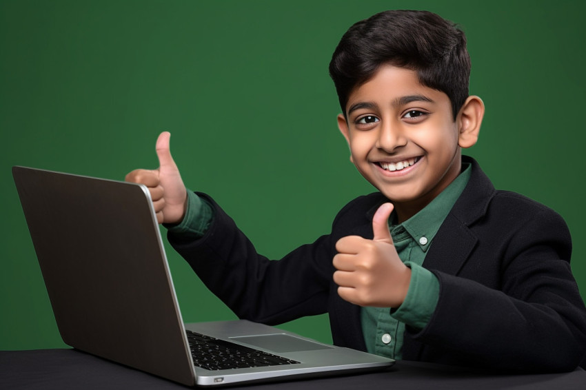 Photo of happy Indian boy with laptop giving thumbs up Photo of happy Indian boy with laptop giving thumbs up