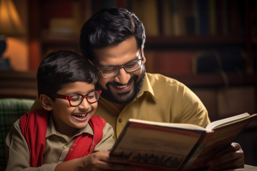Photo of happy Indian dad and son reading book in living room Photo of happy Indian dad and son reading book in living room