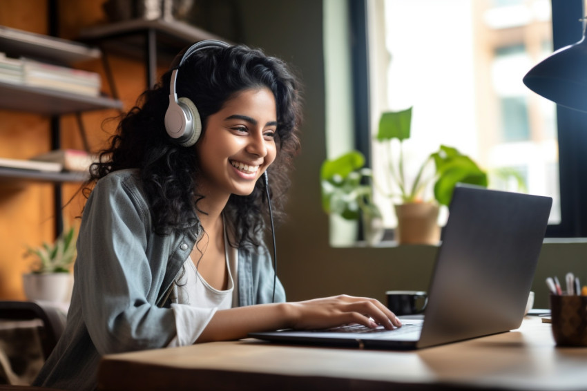 Photo of a smiling young Indian woman at her desk in the living room using her laptop to browse the internet and work on her computer Photo of a smiling young Indian woman at her desk in the living room using her laptop to browse the internet and work on her computer