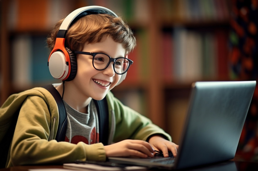 A photo of a young child wearing headphone working in laptop A photo of a young child wearing headphone working in laptop