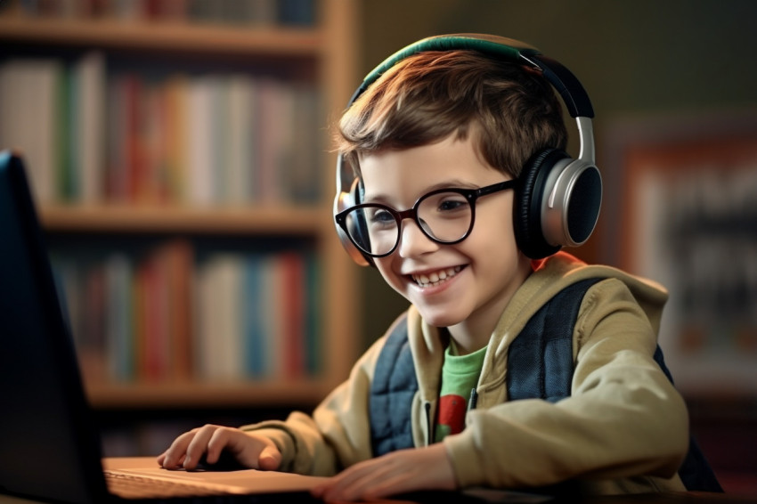 A photo of a young child wearing headphone working in laptop A photo of a young child wearing headphone working in laptop