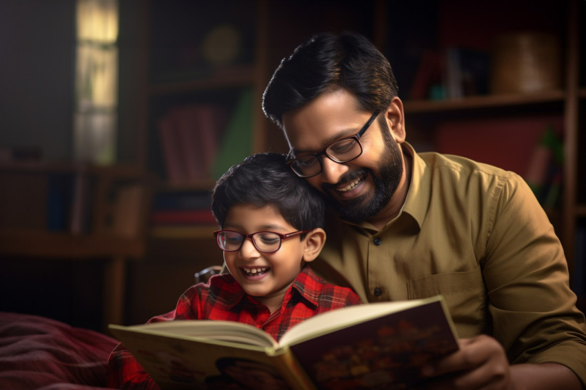 Photo of happy Indian dad and son reading book in living room Photo of happy Indian dad and son reading book in living room