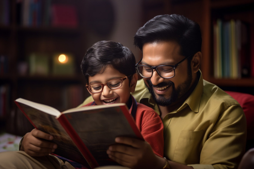 Photo of happy Indian dad and son reading book in living room Photo of happy Indian dad and son reading book in living room