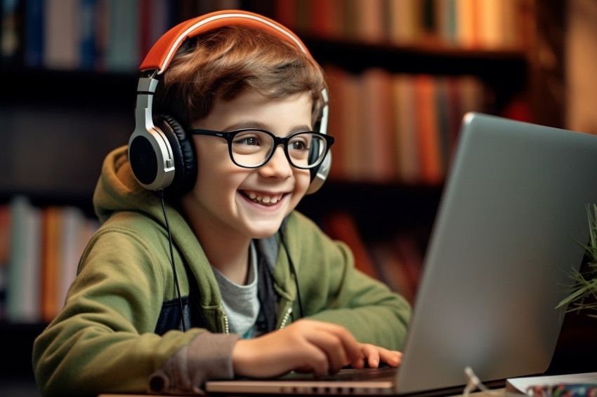 A photo of a young child wearing headphone working in laptop A photo of a young child wearing headphone working in laptop