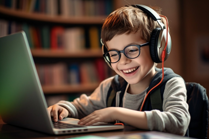 A photo of a young child wearing headphone working in laptop A photo of a young child wearing headphone working in laptop