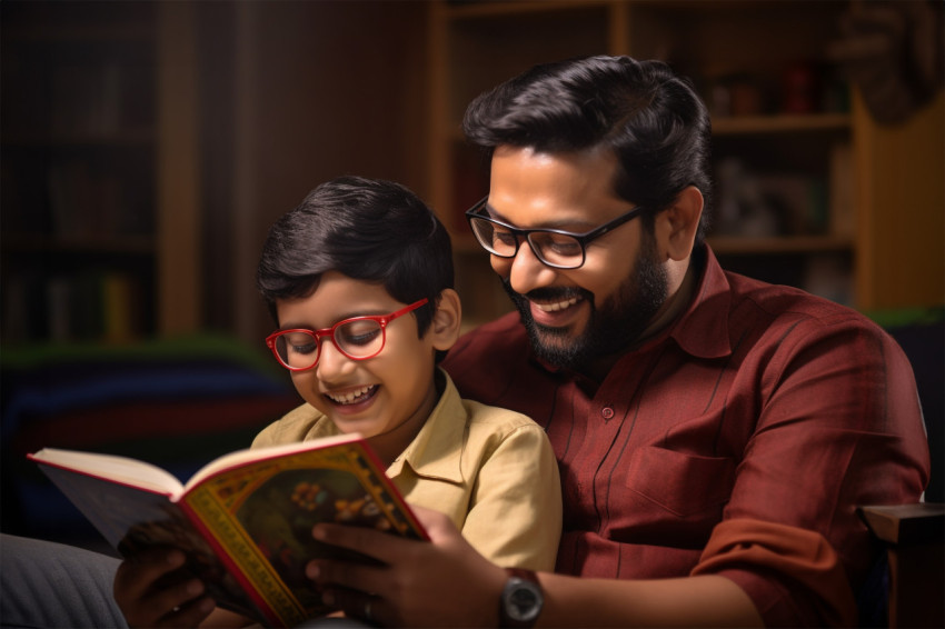 Photo of happy Indian dad and son reading book in living room Photo of happy Indian dad and son reading book in living room