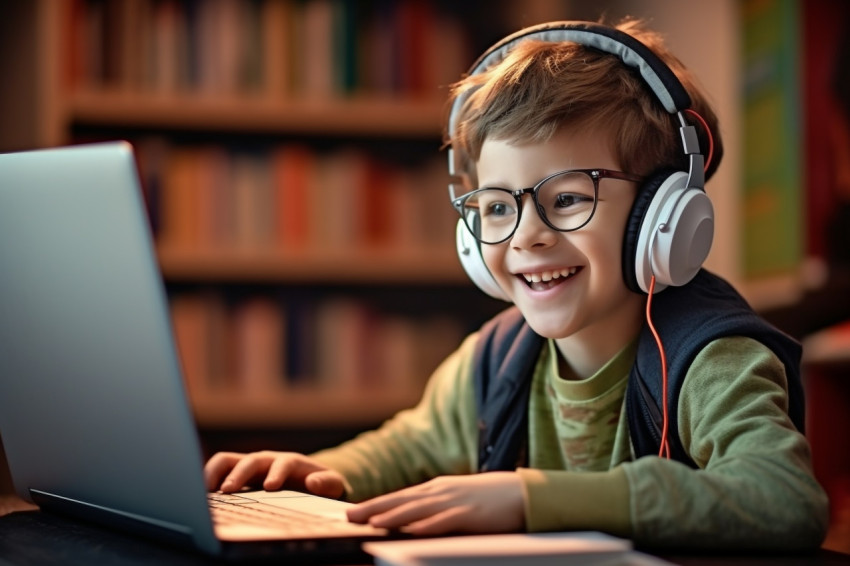 A photo of a young child wearing headphone working in laptop A photo of a young child wearing headphone working in laptop