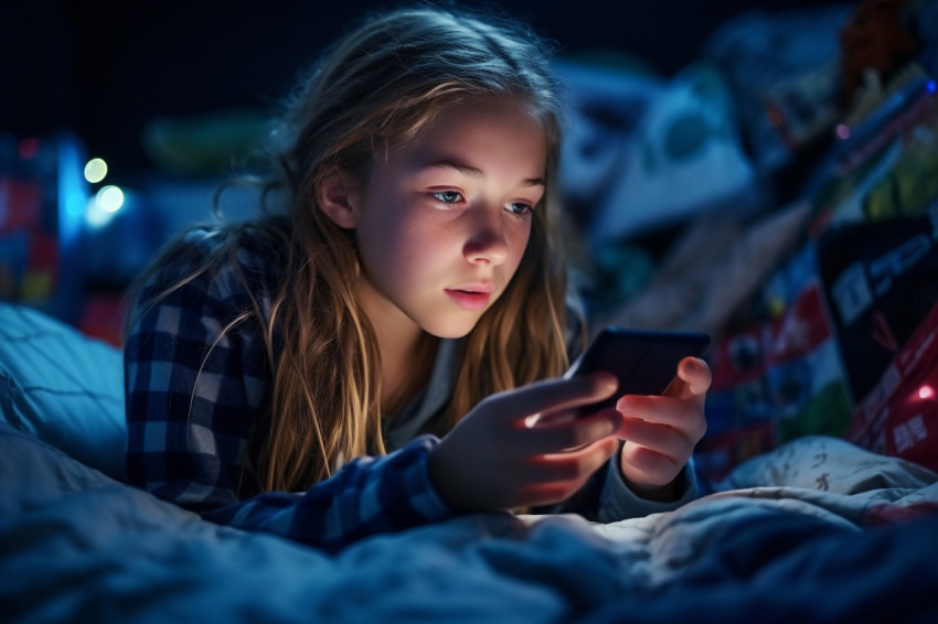 Picture of a teenage girl on her bed at night using her phone Picture of a teenage girl on her bed at night using her phone