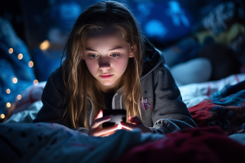Picture of a teenage girl on her bed at night using her phone Picture of a teenage girl on her bed at night using her phone