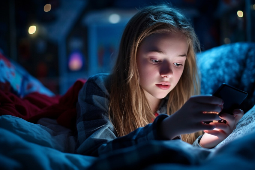 Picture of a teenage girl on her bed at night using her phone Picture of a teenage girl on her bed at night using her phone