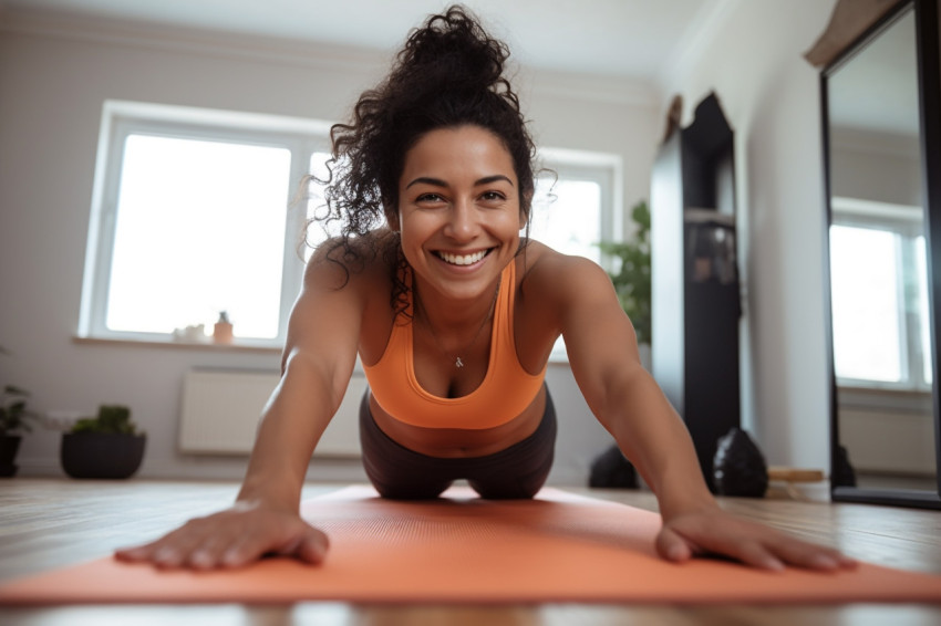 A picture of a happy fit and sporty hispanic girl doing yoga stretches online on a mat at home A picture of a happy fit and sporty hispanic girl doing yoga stretches online on a mat at home