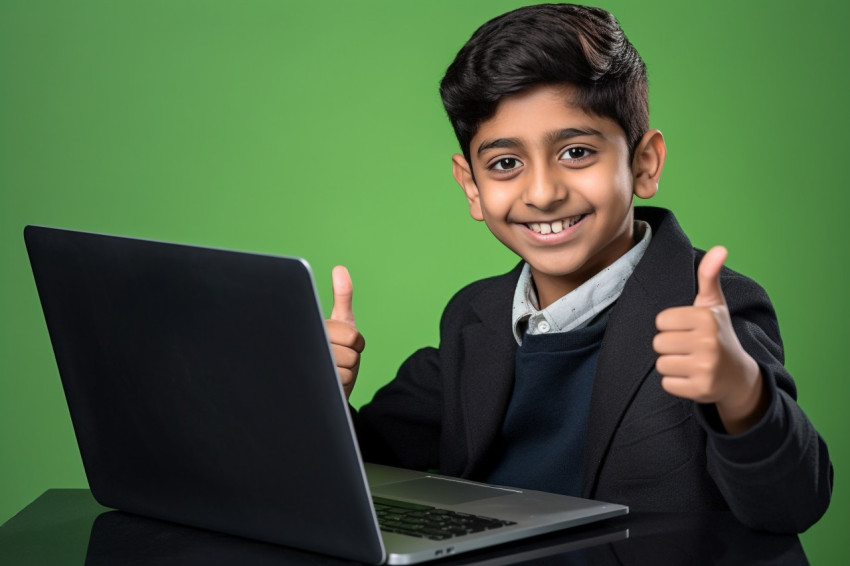 Photo of happy Indian boy with laptop giving thumbs up Photo of happy Indian boy with laptop giving thumbs up