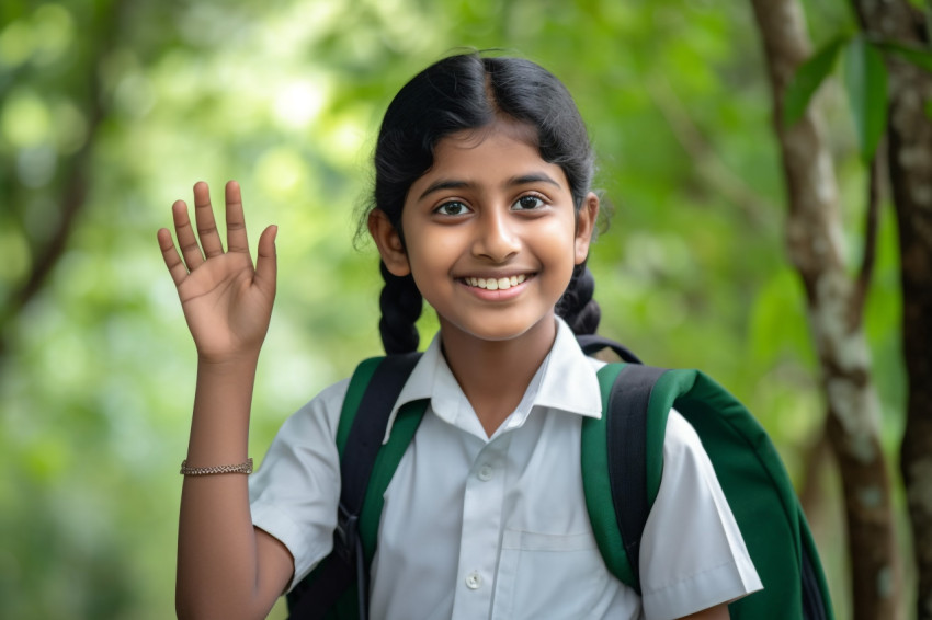 A photo of a young school girl from India who is smiling and looking at empty space while holding her hand up A photo of a young school girl from India who is smiling and looking at empty space while holding her hand up