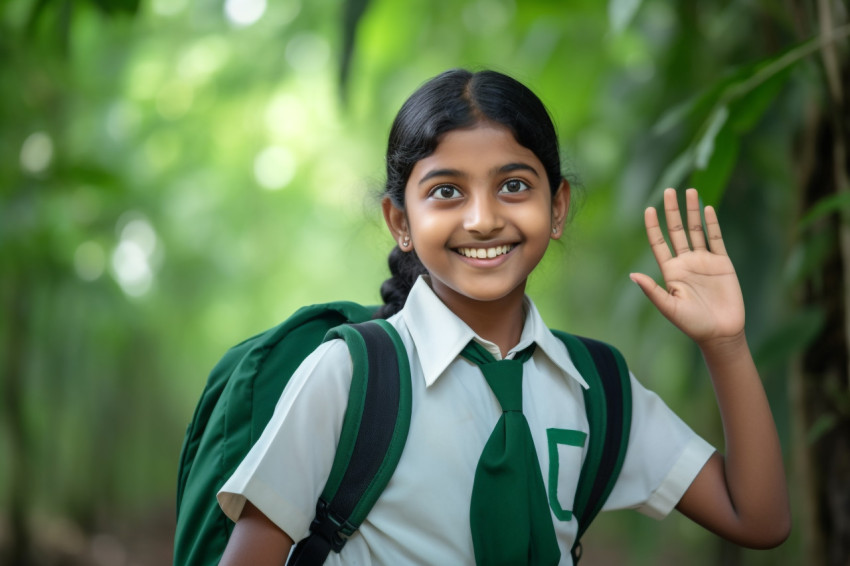 A photo of a young school girl from India who is smiling and looking at empty space while holding her hand up A photo of a young school girl from India who is smiling and looking at empty space while holding her hand up