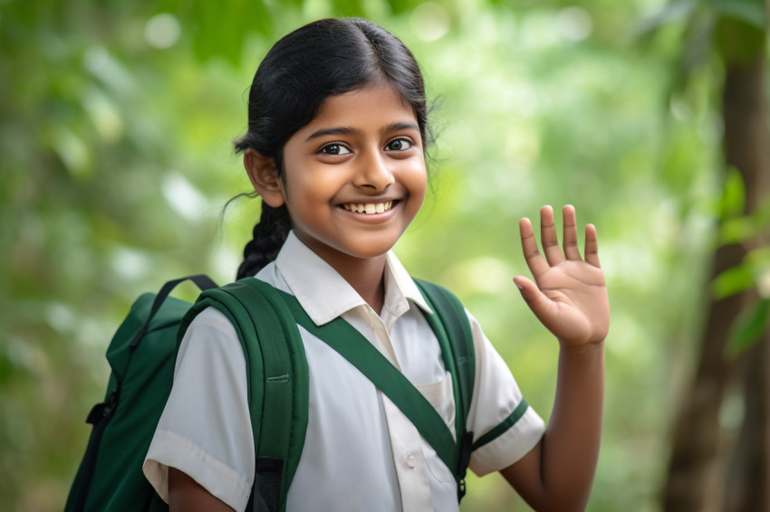 A photo of a young school girl from India who is smiling and looking at empty space while holding her hand up A photo of a young school girl from India who is smiling and looking at empty space while holding her hand up