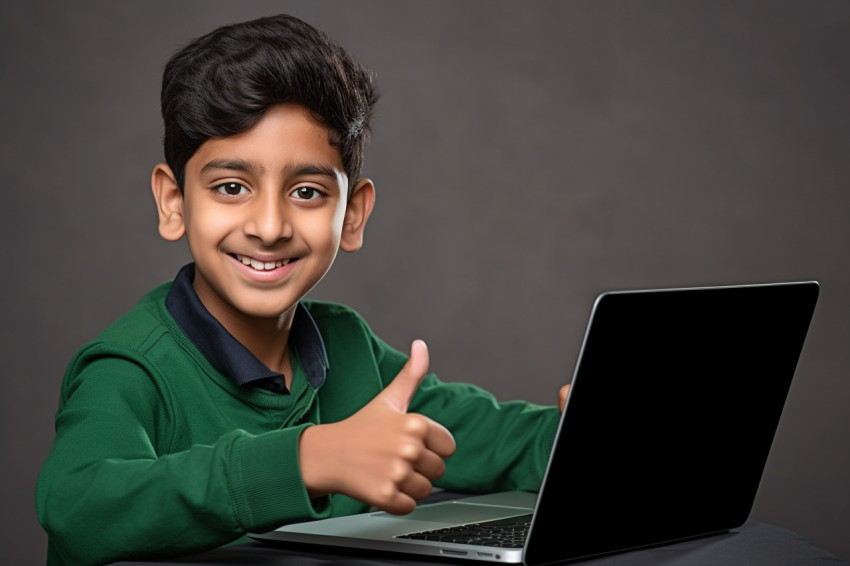 Photo of happy Indian boy with laptop giving thumbs up Photo of happy Indian boy with laptop giving thumbs up