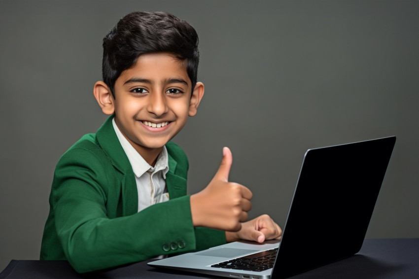 Photo of happy Indian boy with laptop giving thumbs up Photo of happy Indian boy with laptop giving thumbs up