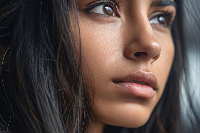 A close up photo of a thoughtful sad young Indian woman looking into the distance