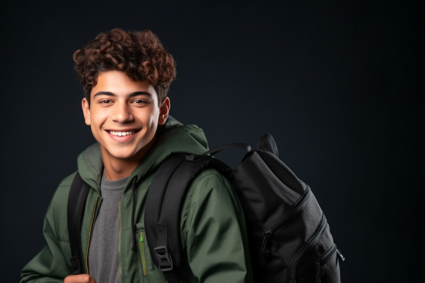 A photo of a happy young student from India or Latin America standing in a classroom in front A photo of a happy young student from India or Latin America standing in a classroom in front