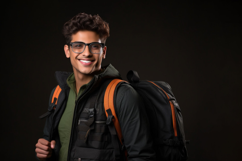 A photo of a happy young student from India or Latin America standing in a classroom in front A photo of a happy young student from India or Latin America standing in a classroom in front