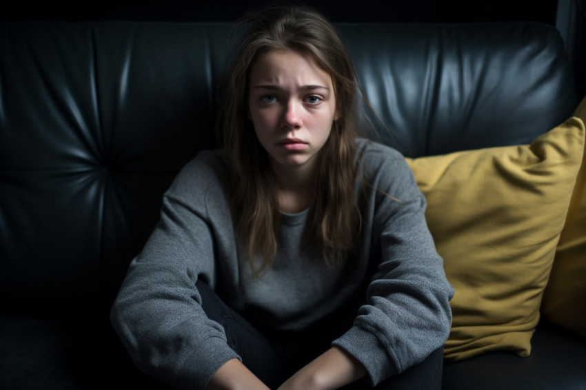 Picture of a sad teenage girl sitting on a sofa at home looking depressed Picture of a sad teenage girl sitting on a sofa at home looking depressed