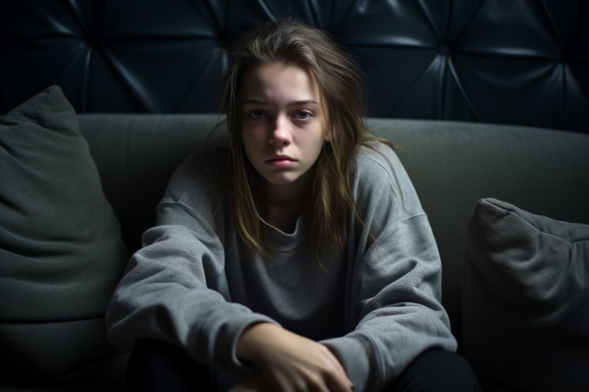 Picture of a sad teenage girl sitting on a sofa at home looking depressed Picture of a sad teenage girl sitting on a sofa at home looking depressed