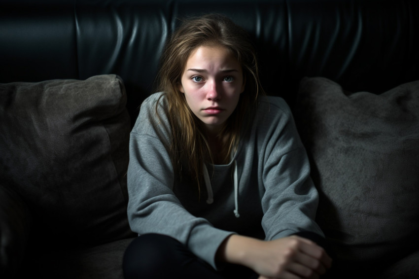 Picture of a sad teenage girl sitting on a sofa at home looking depressed Picture of a sad teenage girl sitting on a sofa at home looking depressed