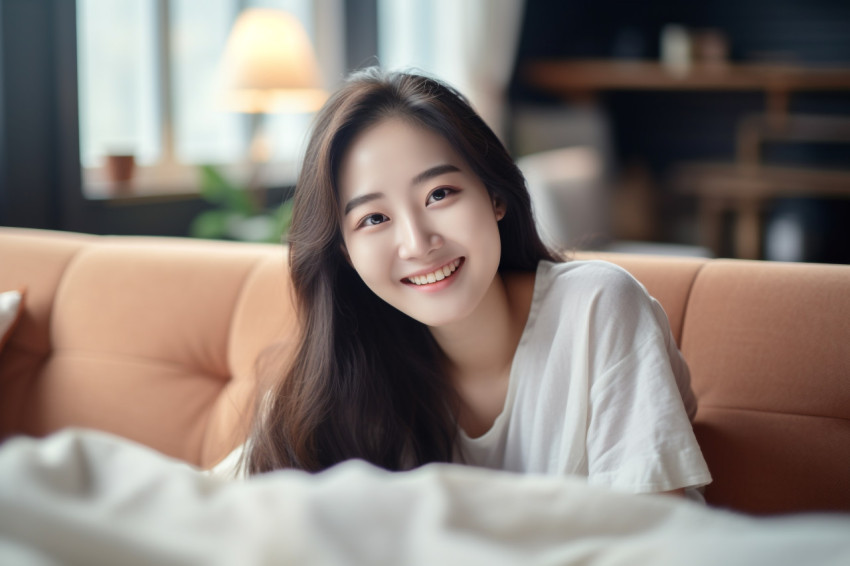 Photo of a happy Asian teenage girl relaxing in her living room at home Photo of a happy Asian teenage girl relaxing in her living room at home