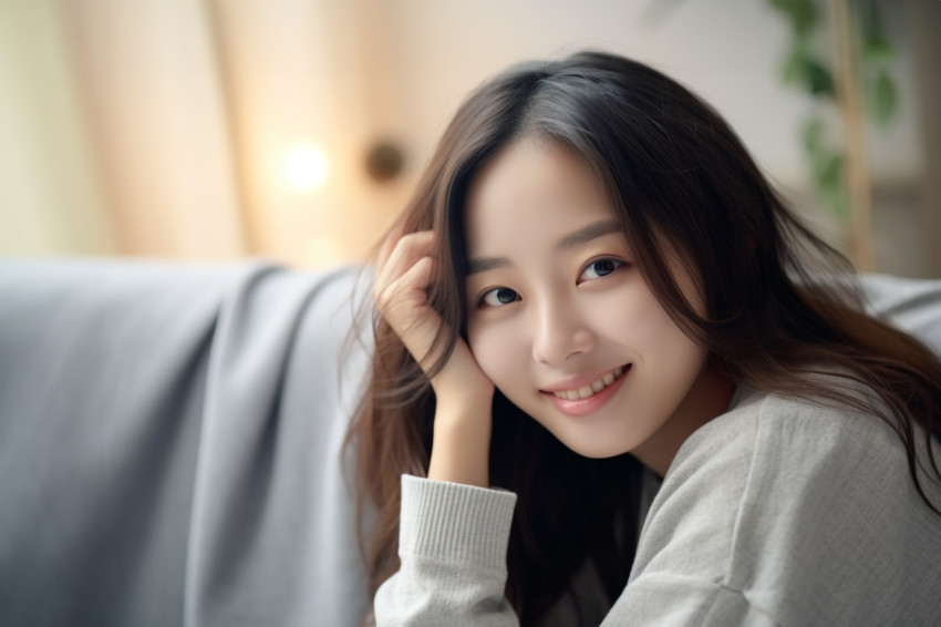 Photo of a happy Asian teenage girl relaxing in her living room at home Photo of a happy Asian teenage girl relaxing in her living room at home