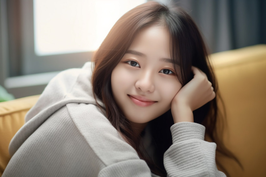 Photo of a happy Asian teenage girl relaxing in her living room at home Photo of a happy Asian teenage girl relaxing in her living room at home