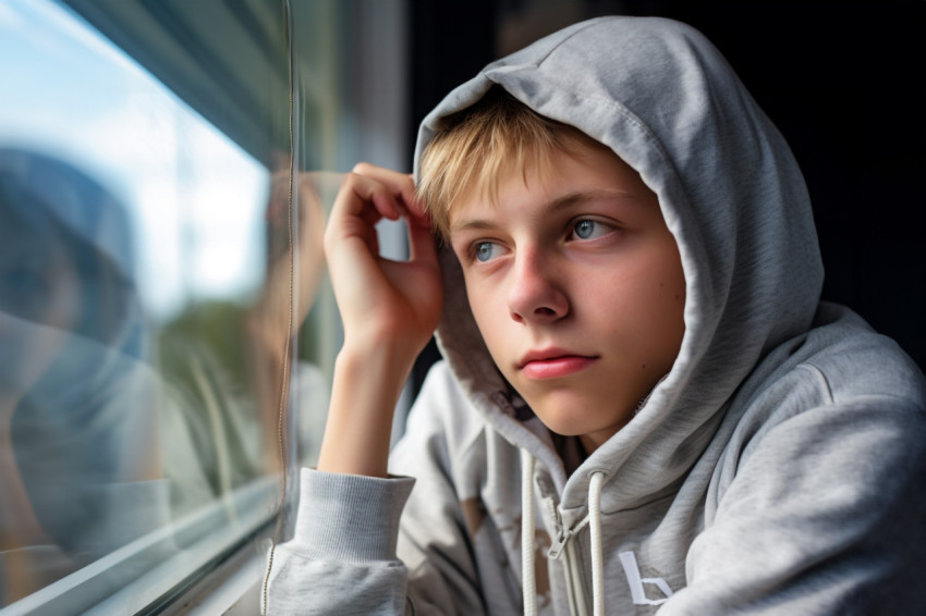 A thoughtful teenager looking at their reflection in a window