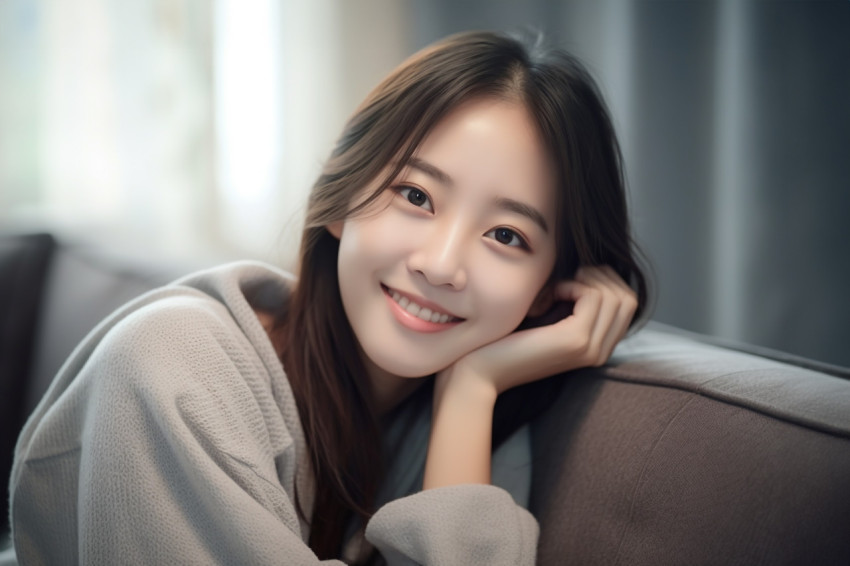 Photo of a happy Asian teenage girl relaxing in her living room at home Photo of a happy Asian teenage girl relaxing in her living room at home