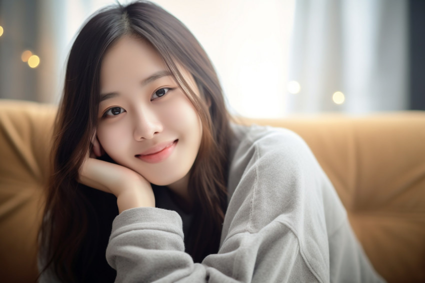 Photo of a happy Asian teenage girl relaxing in her living room at home Photo of a happy Asian teenage girl relaxing in her living room at home