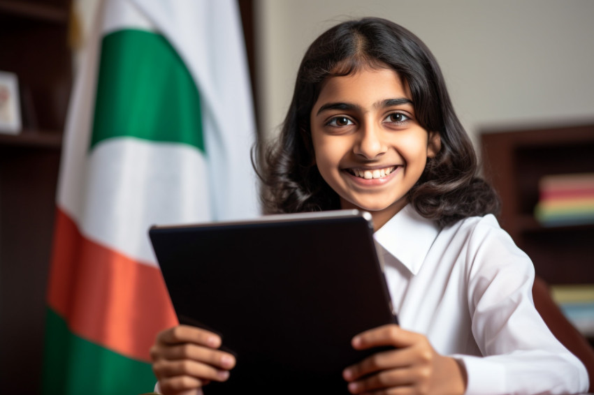 A photo of a happy Arab Indian girl student taking a video class on a digital tablet A photo of a happy Arab Indian girl student taking a video class on a digital tablet