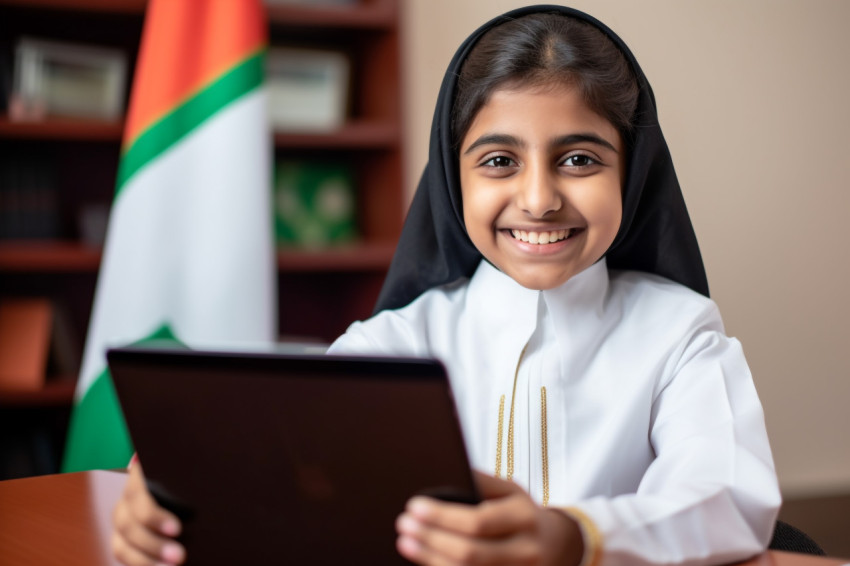 A photo of a happy Arab Indian girl student taking a video class on a digital tablet A photo of a happy Arab Indian girl student taking a video class on a digital tablet