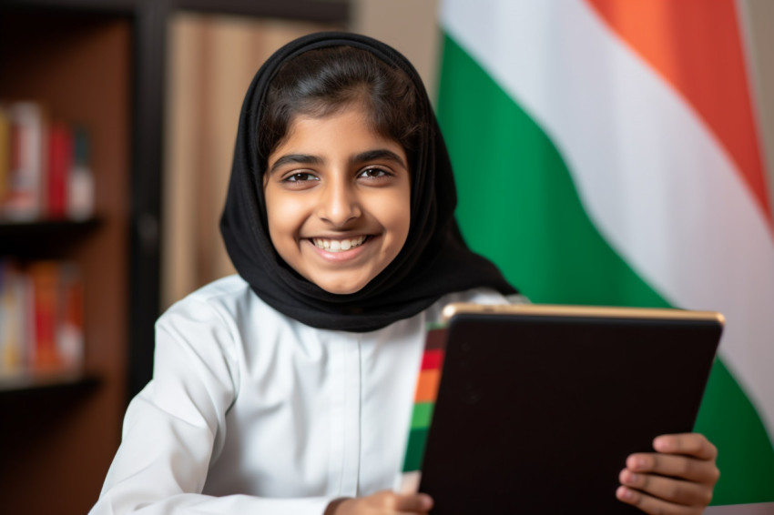 A photo of a happy Arab Indian girl student taking a video class on a digital tablet A photo of a happy Arab Indian girl student taking a video class on a digital tablet