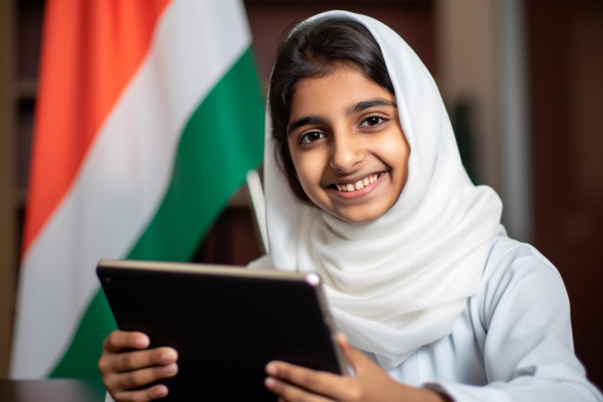 A photo of a happy Arab Indian girl student taking a video class on a digital tablet A photo of a happy Arab Indian girl student taking a video class on a digital tablet