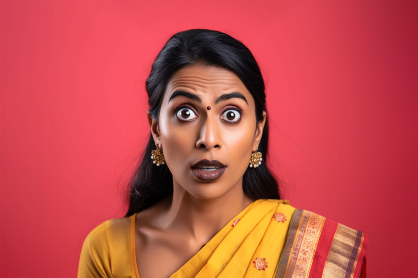 A photo of a stunned Indian woman using her phone to look at shocking news online with a yellow background A photo of a stunned Indian woman using her phone to look at shocking news online with a yellow background