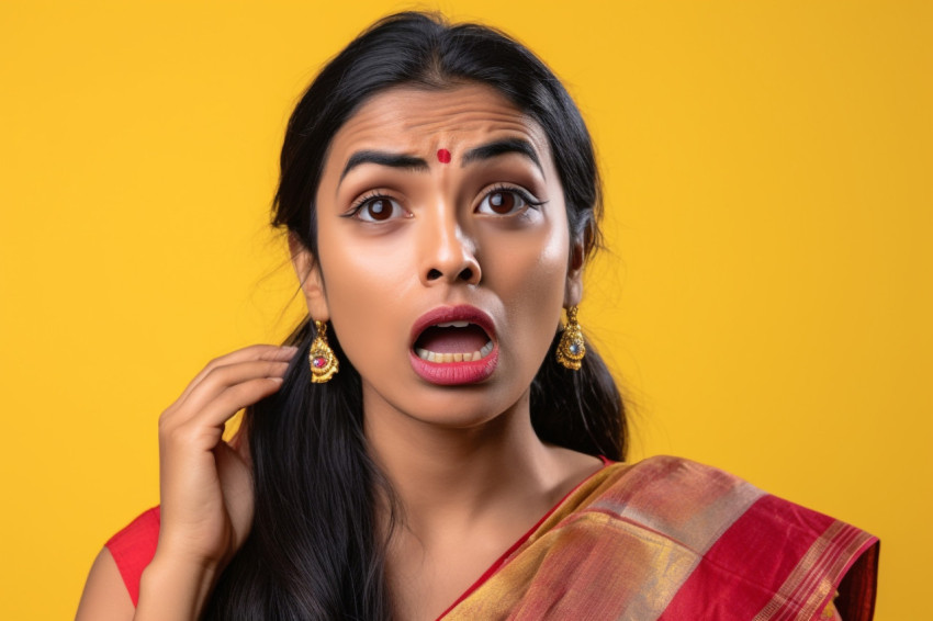 A photo of a stunned Indian woman using her phone to look at shocking news online with a yellow background A photo of a stunned Indian woman using her phone to look at shocking news online with a yellow background