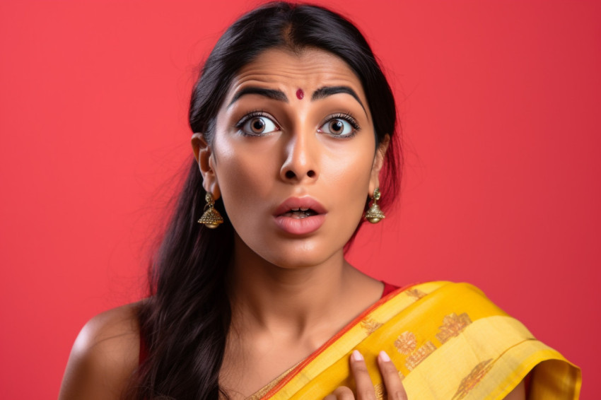 A photo of a stunned Indian woman using her phone to look at shocking news online with a yellow background A photo of a stunned Indian woman using her phone to look at shocking news online with a yellow background