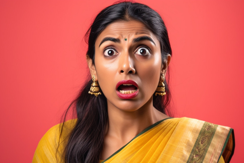 A photo of a stunned Indian woman using her phone to look at shocking news online with a yellow background A photo of a stunned Indian woman using her phone to look at shocking news online with a yellow background