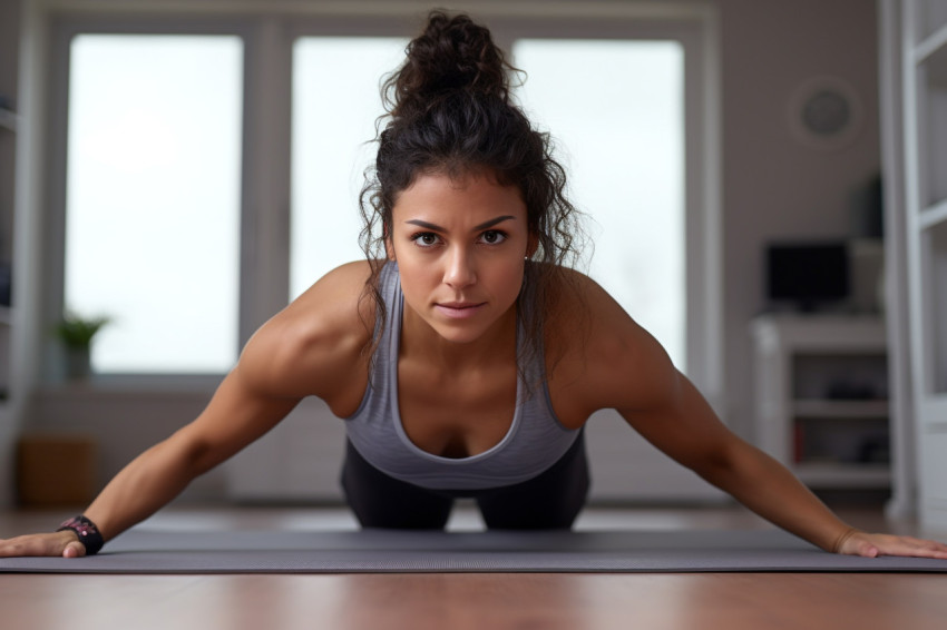 Picture of a healthy athletic Hispanic girl stretching on a yoga mat at home while following an online yoga workout
