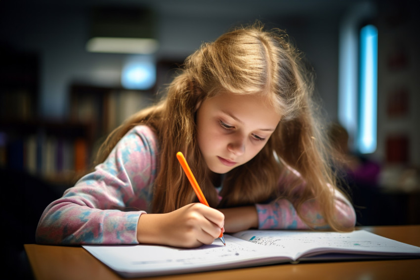 Picture of a young focused school or college girl with a pen in her hand Picture of a young focused school or college girl with a pen in her hand