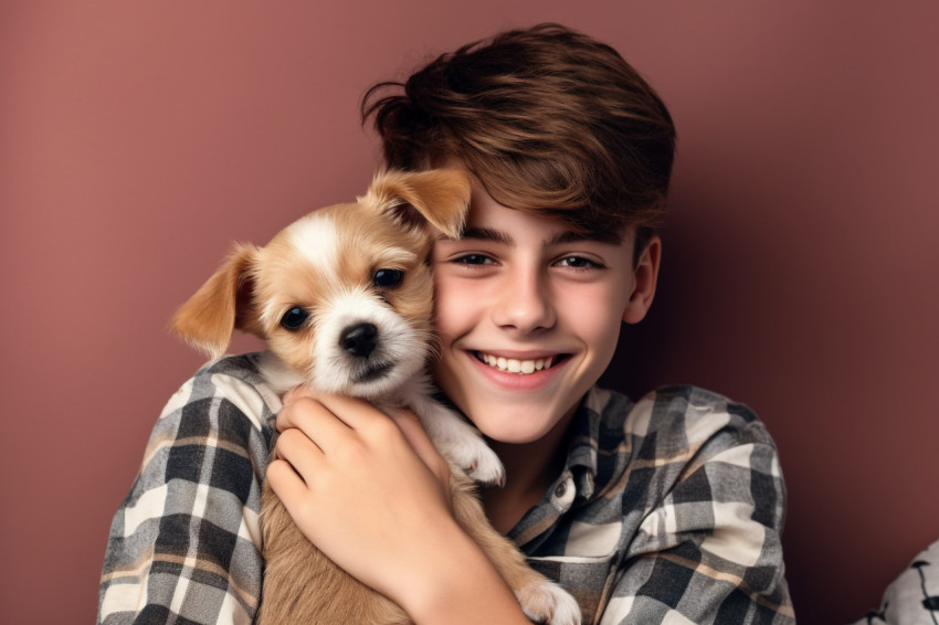 Photo of a smiling teenage boy in a casual shirt hugging his little dog or pet at home on the weekend Photo of a smiling teenage boy in a casual shirt hugging his little dog or pet at home on the weekend